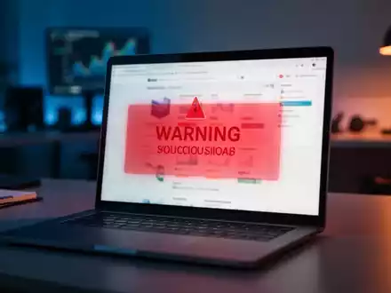 Ein Laptop-Bildschirm in einem Büro, der eine Warnung vor betrügerischen Online-Shops und Phishing-Versuchen darstellt. - Foto: über boerse-global.de
