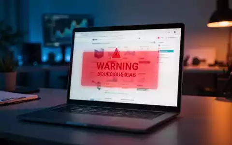 Ein Laptop-Bildschirm in einem Büro, der eine Warnung vor betrügerischen Online-Shops und Phishing-Versuchen darstellt. - Foto: über boerse-global.de