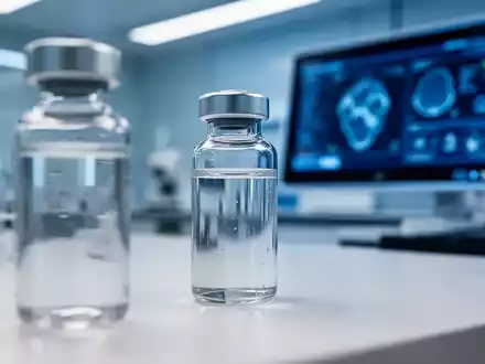 Ein medizinisches Labor mit einem gläsernen Fläschchen und einer digitalen Diagnostik-Schnittstelle im Hintergrund. - Foto: über boerse-global.de