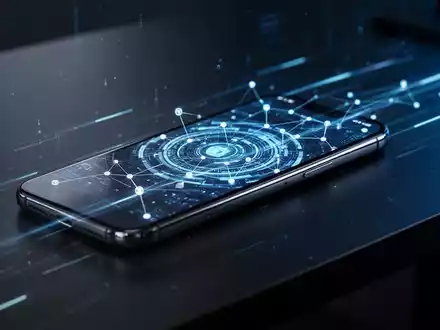 Modernes Smartphone auf einem Schreibtisch mit abstrakten digitalen Sicherheitssymbolen und blauem Licht. - Foto: über boerse-global.de