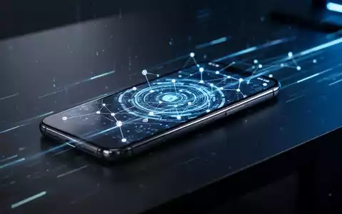 Modernes Smartphone auf einem Schreibtisch mit abstrakten digitalen Sicherheitssymbolen und blauem Licht. - Foto: über boerse-global.de