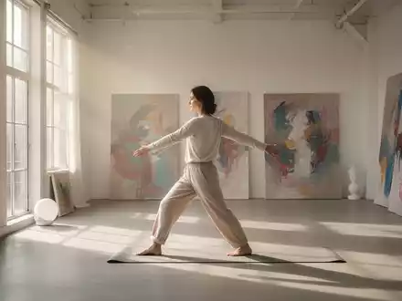 Eine Person in einem hellen Studio beim achtsamen Yoga vor einem abstrakten Kunstwerk in einer ruhigen Atmosphäre. - Foto: über boerse-global.de