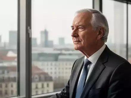 Älterer Angestellter blickt nachdenklich aus einem Bürofenster auf die Berliner Skyline. - Foto: über boerse-global.de