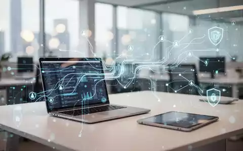 Digitales Daten-Interface über einem modernen Büroarbeitsplatz als Symbol für rechtliche KI-Transparenzpflichten. - Foto: über boerse-global.de