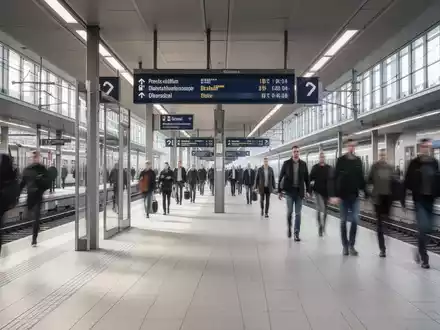 Moderner, sauberer Bahnsteig in einem deutschen Bahnhof mit Reisenden im Hintergrund. - Foto: über boerse-global.de