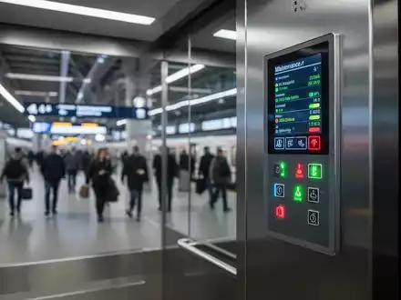 Modernes digitales Wartungspanel in einem Aufzug an einem belebten Bahnhof mit Fokus auf Technik und Sicherheit. - Foto: über boerse-global.de