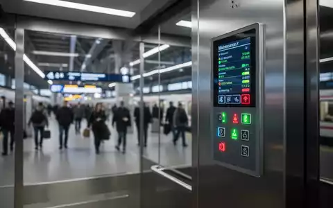 Modernes digitales Wartungspanel in einem Aufzug an einem belebten Bahnhof mit Fokus auf Technik und Sicherheit. - Foto: ĂŒber boerse-global.de