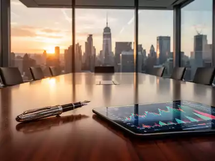Moderner Konferenzraum mit Blick auf ein Finanzviertel bei Sonnenuntergang, symbolisch für Investitionen und Wachstum. - Foto: über boerse-global.de