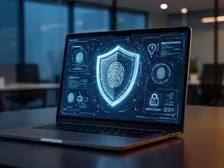 Leuchtender digitaler Schild und biometrische Sicherheitsoberfläche auf einem Laptop-Bildschirm, die modernen Identitätsschutz darstellt. - Foto: über boerse-global.de