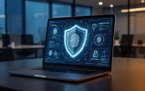 Leuchtender digitaler Schild und biometrische Sicherheitsoberfläche auf einem Laptop-Bildschirm, die modernen Identitätsschutz darstellt. - Foto: über boerse-global.de