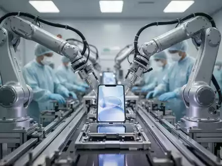 Hightech-Smartphone-Fertigungsanlage mit automatisierten Montagelinien und Reinraumumgebung. - Foto: über boerse-global.de