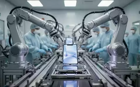 Hightech-Smartphone-Fertigungsanlage mit automatisierten Montagelinien und Reinraumumgebung. - Foto: über boerse-global.de