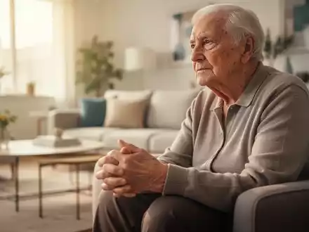 Eine nachdenkliche ältere Person in einem hellen, modernen Wohnraum, die Aspekte des gesunden Alterns symbolisiert. - Foto: über boerse-global.de