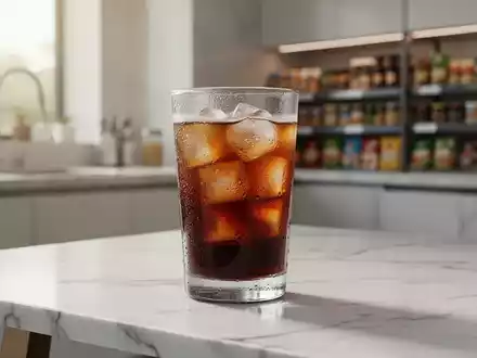 Ein Glas Eiskaffee auf einem Marmortisch mit unscharfen Supermarktregalen im Hintergrund. - Foto: über boerse-global.de