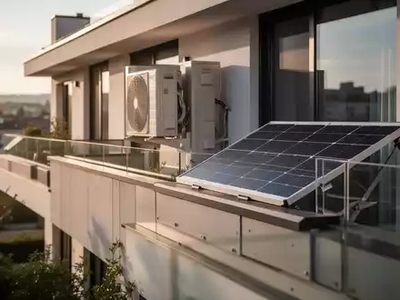 Moderner Balkon mit diskreter Klimaanlage und Solarmodul als Symbol für rechtliche Modernisierung und Wohnraumsicherheit. - Foto: über boerse-global.de