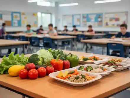 Gesunde Mahlzeiten mit frischem Obst und Gemüse in einer modernen Schulkantine. - Foto: über boerse-global.de