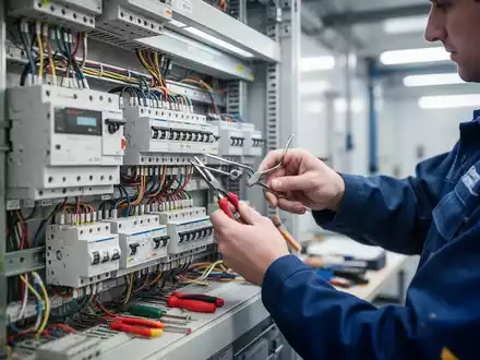 Elektriker bei der Arbeit an einem modernen Schaltschrank in einer professionellen industriellen Umgebung. - Foto: über boerse-global.de