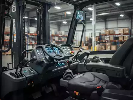 Modernes Cockpit eines Flurförderzeugs mit digitalem Display und ergonomischem Sitz in einer Logistikumgebung. - Foto: über boerse-global.de