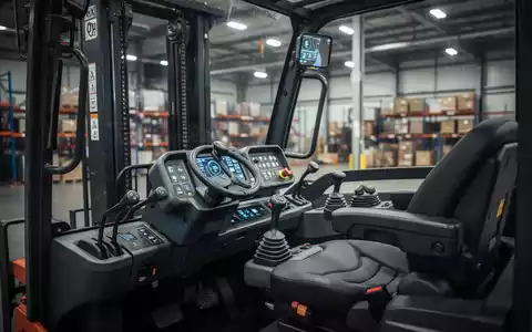 Modernes Cockpit eines Flurförderzeugs mit digitalem Display und ergonomischem Sitz in einer Logistikumgebung. - Foto: über boerse-global.de