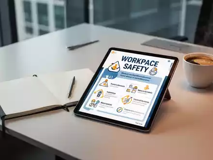Ein moderner Schreibtisch mit Notizbuch und Tablet, das Richtlinien zur Arbeitssicherheit anzeigt. - Foto: über boerse-global.de