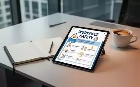 Ein moderner Schreibtisch mit Notizbuch und Tablet, das Richtlinien zur Arbeitssicherheit anzeigt. - Foto: über boerse-global.de