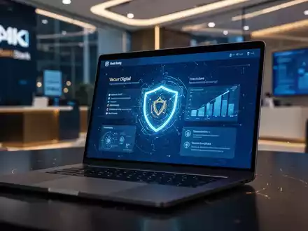 Nahaufnahme eines Laptop-Bildschirms mit digitalen Bank-Sicherheitsmaßnahmen in einem modernen Büro. - Foto: über boerse-global.de