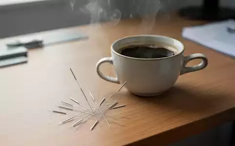Acupuncture needles lying next to a cup of coffee on a medical desk, symbolizing the interaction between TCM and caffeine. - Foto: über boerse-global.de