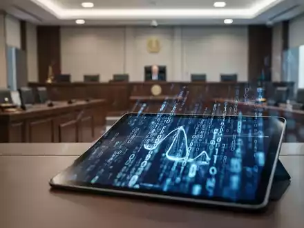 Digitales Tablet mit medizinischen Daten in einem Gerichtssaal, das rechtliche Verfahren zu KI-Technologie darstellt. - Foto: über boerse-global.de