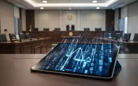 Digitales Tablet mit medizinischen Daten in einem Gerichtssaal, das rechtliche Verfahren zu KI-Technologie darstellt. - Foto: über boerse-global.de