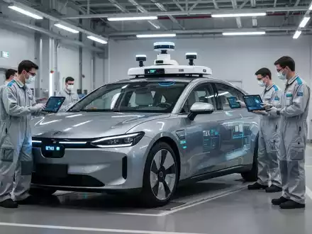 Ein modernes autonomes Robotaxi bei technischer Inspektion und Wartung in einer professionellen High-Tech-Werkstatt. - Foto: über boerse-global.de