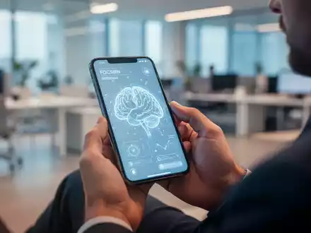 Eine Person hält ein Smartphone in einer hellen Büro-Umgebung, das eine App zur Förderung der kognitiven Fitness symbolisiert. - Foto: über boerse-global.de