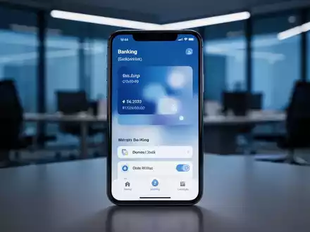 Ein Smartphone zeigt eine Banking-App vor einem unscharfen, professionellen Bürohintergrund bei gedimmtem Licht. - Foto: über boerse-global.de