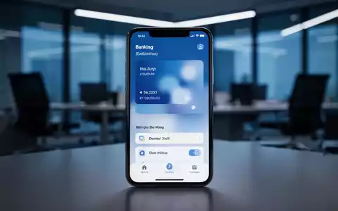 Ein Smartphone zeigt eine Banking-App vor einem unscharfen, professionellen Bürohintergrund bei gedimmtem Licht. - Foto: über boerse-global.de