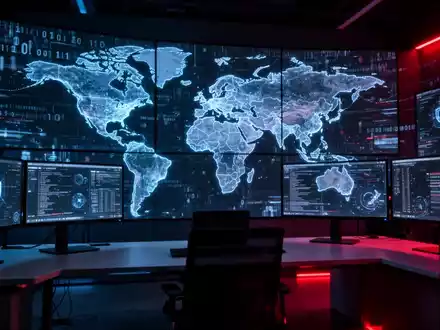 Cybersecurity Operations Center mit digitaler Weltkarte und Datenströmen auf Monitoren, die globale Cyber-Spionage darstellen. - Foto: über boerse-global.de