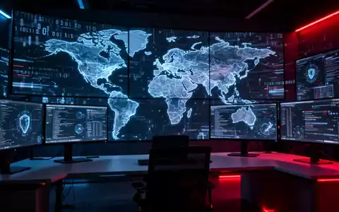 Cybersecurity Operations Center mit digitaler Weltkarte und Datenströmen auf Monitoren, die globale Cyber-Spionage darstellen. - Foto: über boerse-global.de