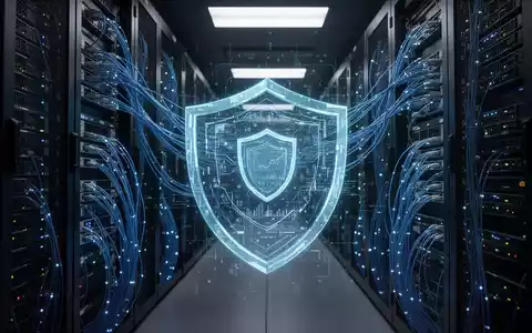 Leuchtende Glasfaserkabel und digitale Sicherheitsgrafiken in einem Serverraum, die Cybersicherheitsbedrohungen für Unternehmen darstellen. - Foto: über boerse-global.de