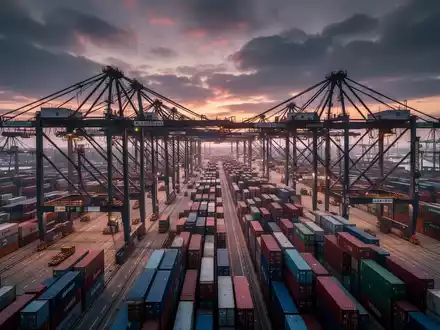 Containerschiffe und Verladekräne in einem norddeutschen Hafen bei Dämmerung. - Foto: über boerse-global.de