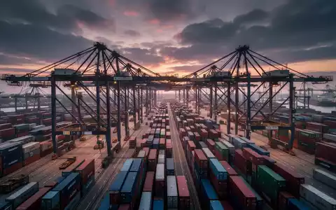 Containerschiffe und Verladekräne in einem norddeutschen Hafen bei Dämmerung. - Foto: über boerse-global.de