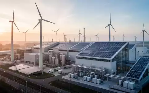 Moderne Industrieanlage mit Windkraftanlagen und Solarpaneelen als Symbol für die europäische Energiewende. - Foto: über boerse-global.de