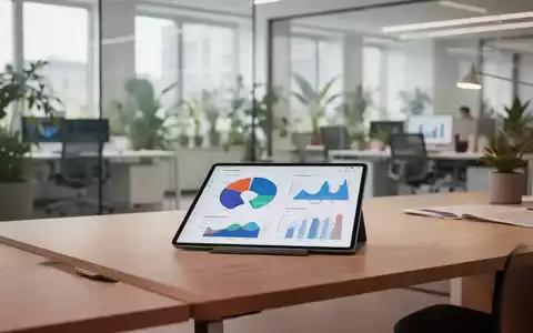 Ein minimalistischer Schreibtisch mit einem Tablet, auf dem abstrakte Datenvisualisierungen für Nachhaltigkeitsberichte zu sehen sind. - Foto: über boerse-global.de