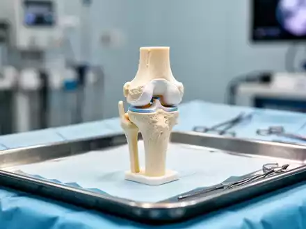 Ein 3D-gedrucktes Knieimplantat auf einem sterilen Instrumententisch in einem modernen Operationssaal. - Foto: über boerse-global.de