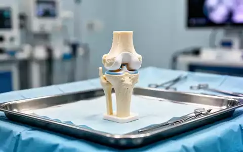 Ein 3D-gedrucktes Knieimplantat auf einem sterilen Instrumententisch in einem modernen Operationssaal. - Foto: ĂŒber boerse-global.de