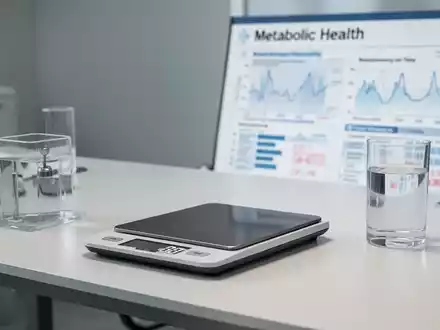 Ein minimalistischer Schreibtisch in einer medizinischen Praxis mit einer digitalen Waage und einem Glas Wasser. - Foto: ĂŒber boerse-global.de