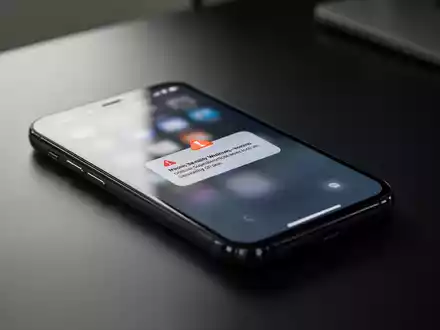 Nahaufnahme eines Smartphones mit digitaler Sicherheitswarnung auf dunklem Hintergrund. - Foto: über boerse-global.de