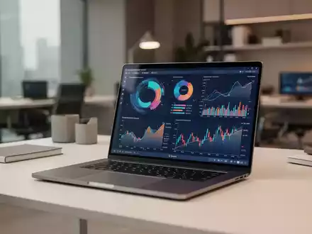 Moderner Schreibtisch mit Laptop, der Finanzgrafiken und Datenvisualisierungen zur digitalen Effizienz anzeigt. - Foto: über boerse-global.de