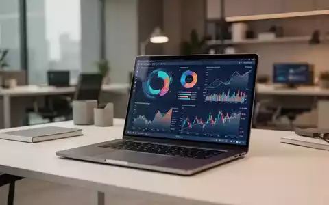 Moderner Schreibtisch mit Laptop, der Finanzgrafiken und Datenvisualisierungen zur digitalen Effizienz anzeigt. - Foto: über boerse-global.de
