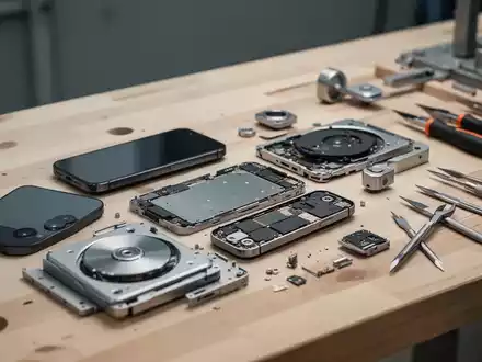 Zerlegtes Smartphone und Elektrobauteile auf einem Werkstatttisch, umgeben von hochwertigem Reparaturwerkzeug. - Foto: über boerse-global.de