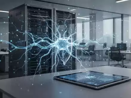 Abstraktes digitales Netzwerk über Servern und einem Tablet, das die integrierte Prüfung von KI und IT-Sicherheit symbolisiert. - Foto: über boerse-global.de