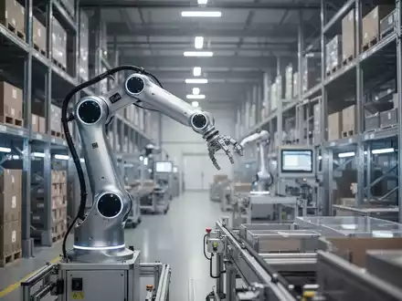 Ein humanoider Roboterarm in einem modernen, automatisierten Industrielager. - Foto: über boerse-global.de