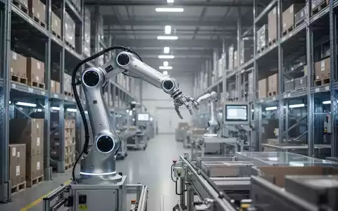 Ein humanoider Roboterarm in einem modernen, automatisierten Industrielager. - Foto: über boerse-global.de